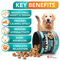 Vet Promise Dog Calming Treats serving dish for quick calm during trips.