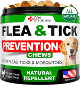 Vet Promise flea and tick chewables bottle shows natural ingredients for preventive dog protection