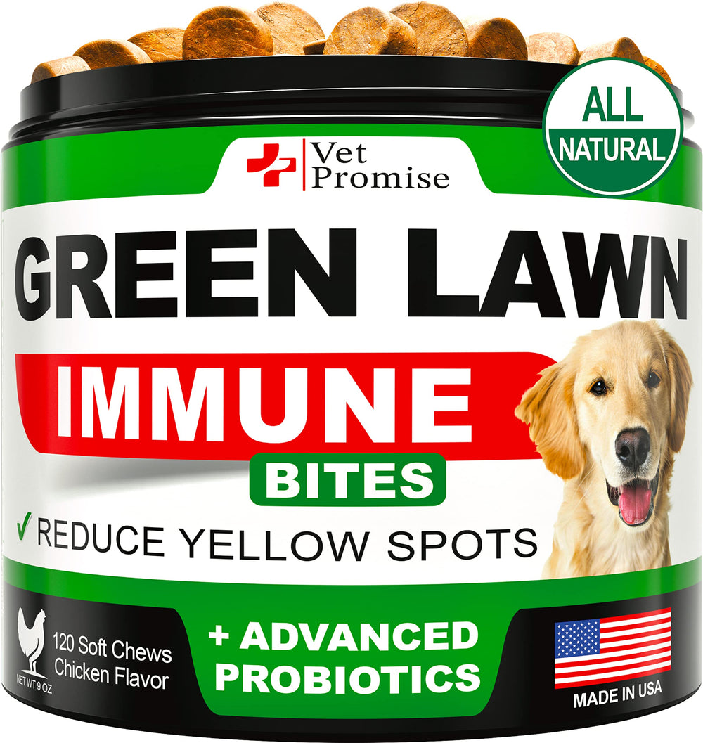 Vet Promise Grass Burn Chews packaging highlights USA-made formula for lawn-friendly urine neutralization.