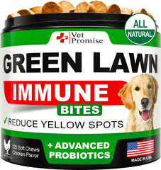 Vet Promise Grass Burn Chews packaging highlights USA-made formula for lawn-friendly urine neutralization.