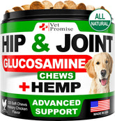Vet Promise hip joint soft-chews bottle shows natural joint support for dogs