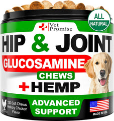 Vet Promise hip joint soft-chews bottle shows natural joint support for dogs