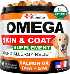 Vet Promise Omega-3 dog soft treats pack boosts coat shine and skin health.