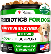 Vet Promise probiotics dog chews bottle highlights convenient gut health support.