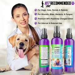 Vet Recommended colloidal silver spray applying on pet skin.