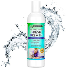 Vet Recommended dog breath water additive bottle demonstrates an easy, natural option for fresher pet breath.