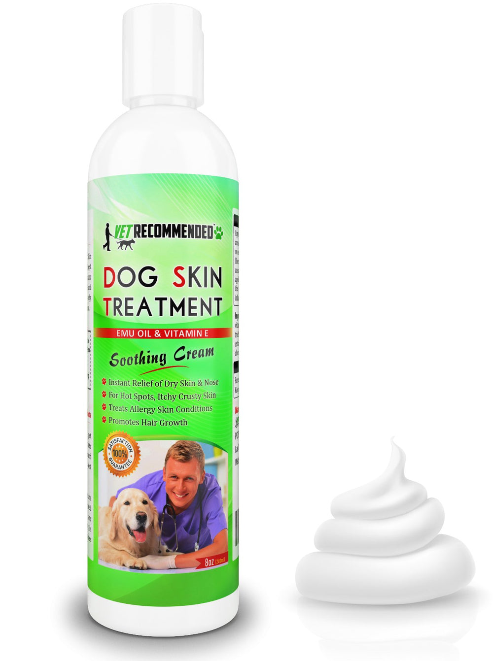 Vet Recommended dog dry skin cream bottle on counter for easy application