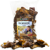 Vet Recommended Premium Beef Rawhide Chips bag open shows long-lasting chew potential for dogs.