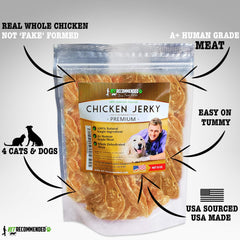 Vet Recommended whole-dehydrated chicken jerky, visible ingredients, no fillers