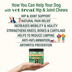 Vet Treat chondroitin glucosamine dogs chews closeup highlights cartilage support for flexibility.