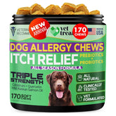 Vet Treat Dog Allergy Relief Chews packaging demonstrates a vet-formulated allergy relief option for dogs.