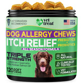 Vet Treat allergy relief chews packaging highlighting natural ingredients for itchy skin support.