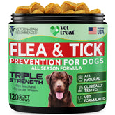 Vet Treat Flea and Tick Chews bottle supporting dogs' skin and coat health.