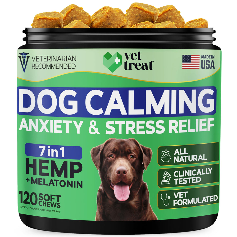 Vet Treat hemp calming chews packaging highlights anxiety relief benefits for dogs