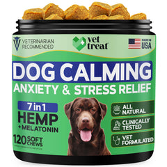 Vet Treat hemp calming chews packaging highlights anxiety relief benefits for dogs