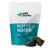 Vet Worthy Potty Rocks packaging front: pet-safe lawn treatment.