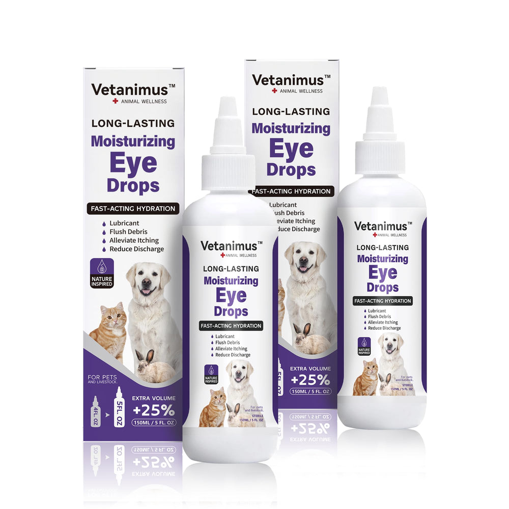 Vetanimus refreshing eye drops two-bottle set shown for fast hydration in pets.