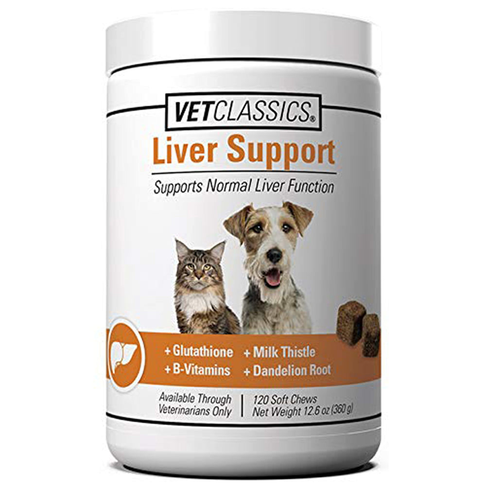 Vet Classics liver support bottle label promotes pet liver health and immunity