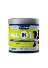 Vetericyn all-in-1 dog supplement bottle shows joint support for active dogs.