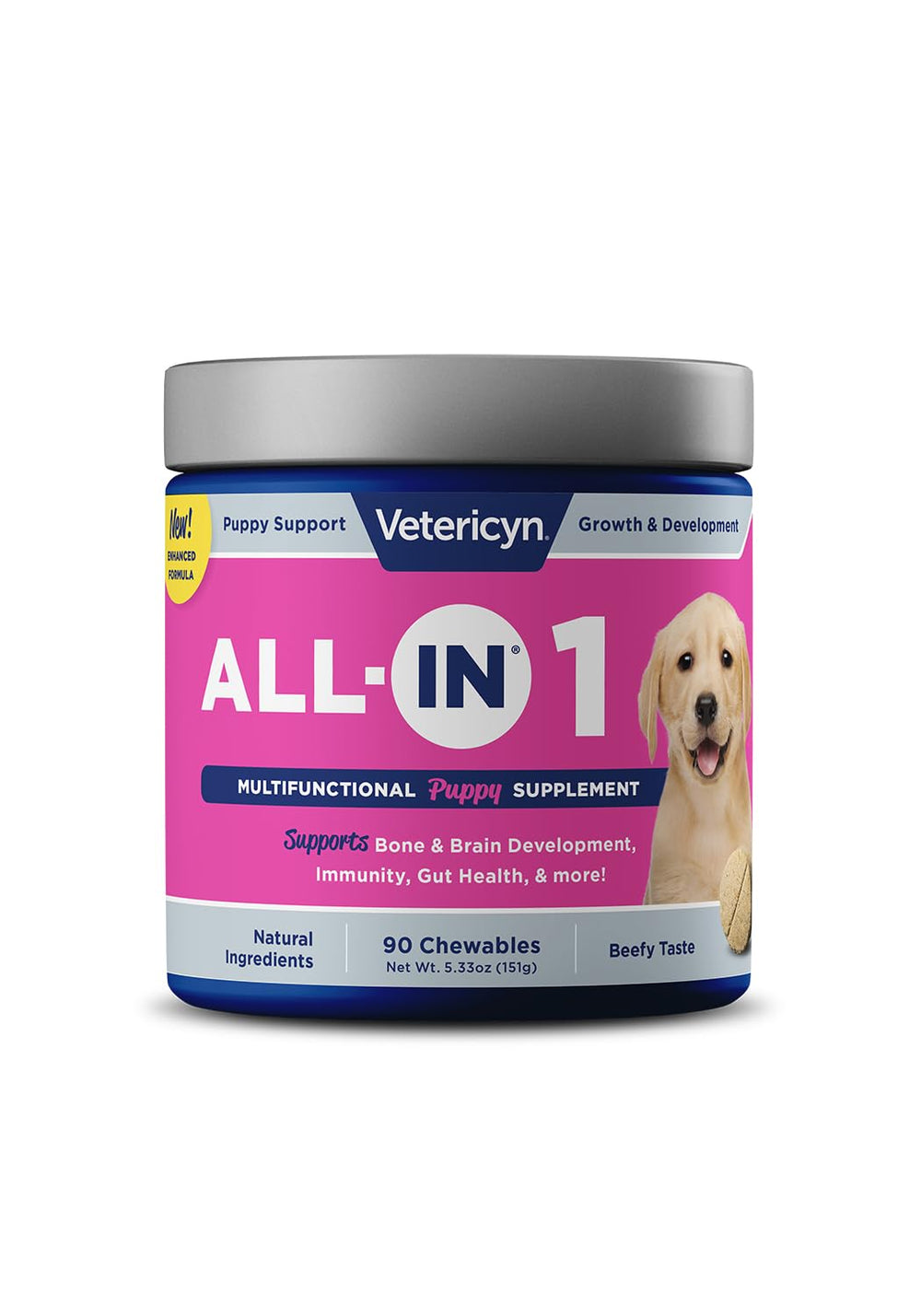 Vetericyn All-in 1 puppy supplement bottle closeup highlighting bone and joint support