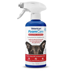 Vetericyn FoamCare medicated shampoo bottle with easy foaming action for gentle baths.