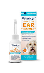 Vetericyn Triple-Action Ear Treatment bottle close-up showing potential itch relief for pets.