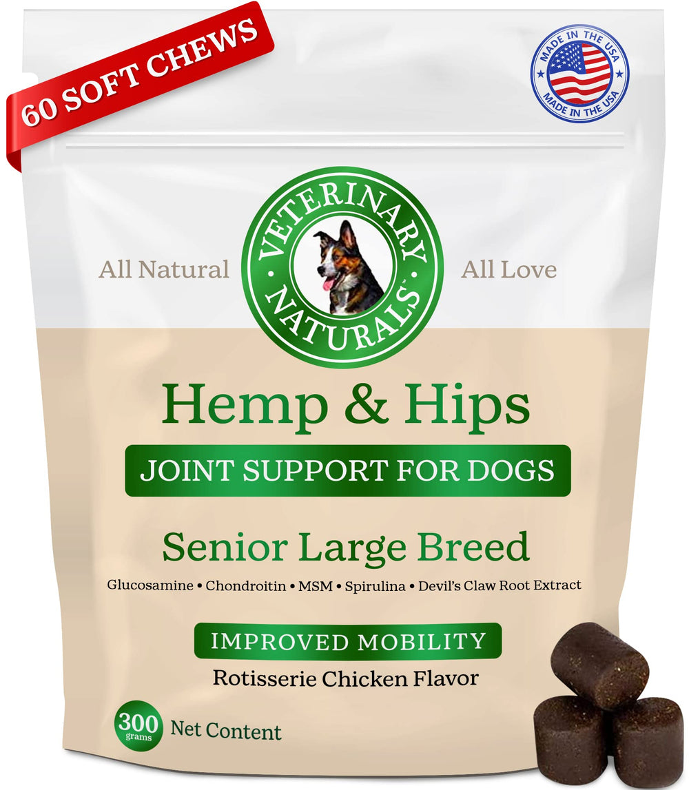 Veterinary Naturals Hemp & HIPS bottle with soft chews supporting joint comfort.