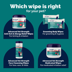 Vetnique Dermabliss advanced-strength wipes being applied to a dog's fur during grooming