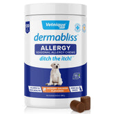 Vetnique Dermabliss bottle front showing omega rich dog allergy relief chews for itchy skin support