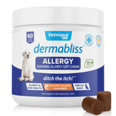 Vetnique Dermabliss bottle label shows allergy relief for dogs as part of a daily wellness routine.