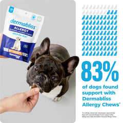 Dog happily chews Dermabliss, showing ease of administration and taste