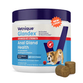 Vetnique Glandex anal gland soft chews with pumpkin in a bowl for digestive support.