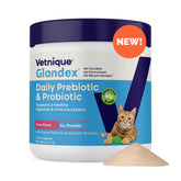 Vetnique Glandex cat powder tuna label highlights daily use and digestion