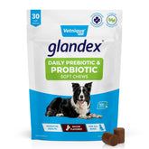 Vetnique Glandex bacon-chews bottle showcasing a tasty daily probiotic for dogs