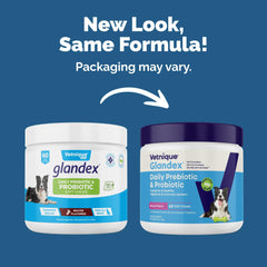 Vetnique Glandex daily probiotics for dogs bacon chews bottle shows a convenient daily gut health routine.