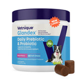 Vetnique Glandex daily probiotics for dogs bacon chews closeup highlights tasty flavor and gut support.