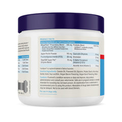 Close-up of Vetnique Glandex digestives enzymes and probiotics label highlighting gut health.