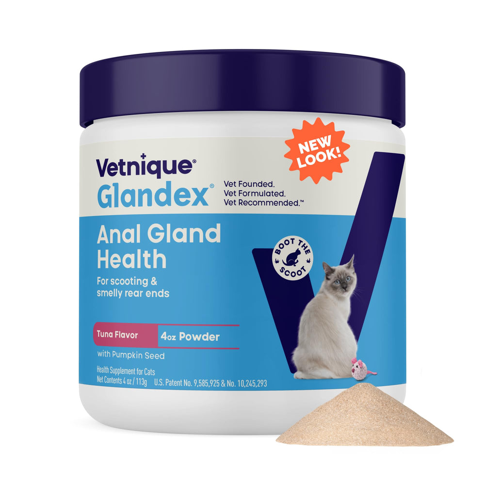 Vetnique Glandex feline anal-gland powder tuna canister supports daily digestive balance.