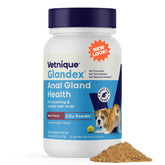 The Vetnique Glandex powder bottle packaging supports anal-gland health for daily use.