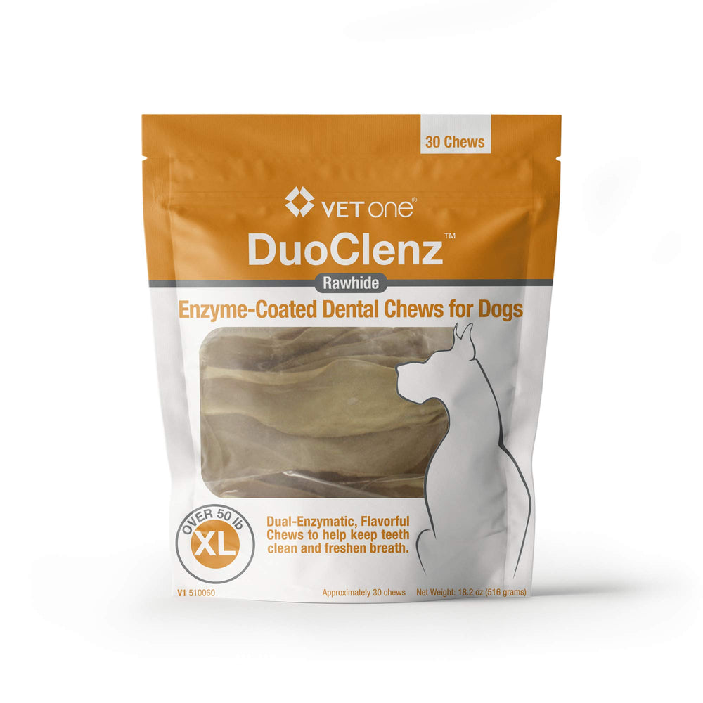Vet One DuoClenz packaging showcases a dental chews bag for daily oral care.