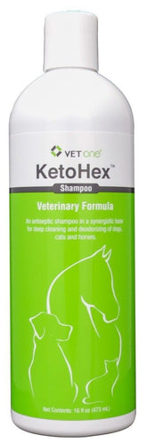VetOne KetoHex shampoo bottle front highlights antifungal and antibacterial care for pets.