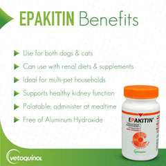 Vetoquinol Epakitin-powder-dispense shows easy dosing for daily phosphate management in cats and dogs.