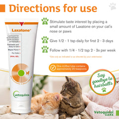 Vetoquinol Laxatone maple-flavor gel prompts cat licking, easing consumption and hairball passage.