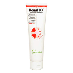 Vetoquinol Renal K+ gel bottle demonstrates palatable potassium support for kidney health.