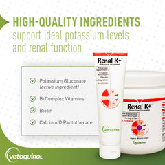 Vetoquinol Renal K+ powder near cat bowl highlights cross-species kidney-support option