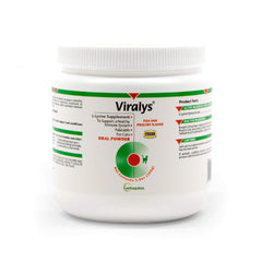 Vetoquinol Viralys powder tub closeup showing fish flavor for immune support.