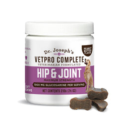 VetPro Complete peanut butter dog chews pack shot highlights tasty joint support for active dogs.