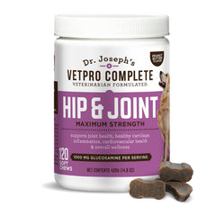 VetPro Complete peanut butter hip joint dog chews box promoting joint support