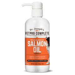 VetPro Complete salmon oil bottle demonstrates a pet-friendly supplement for coat and joint support.