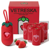 VETRESKA dog poop bag dispenser with strawberry scented bags in red for outdoor use and odor control.